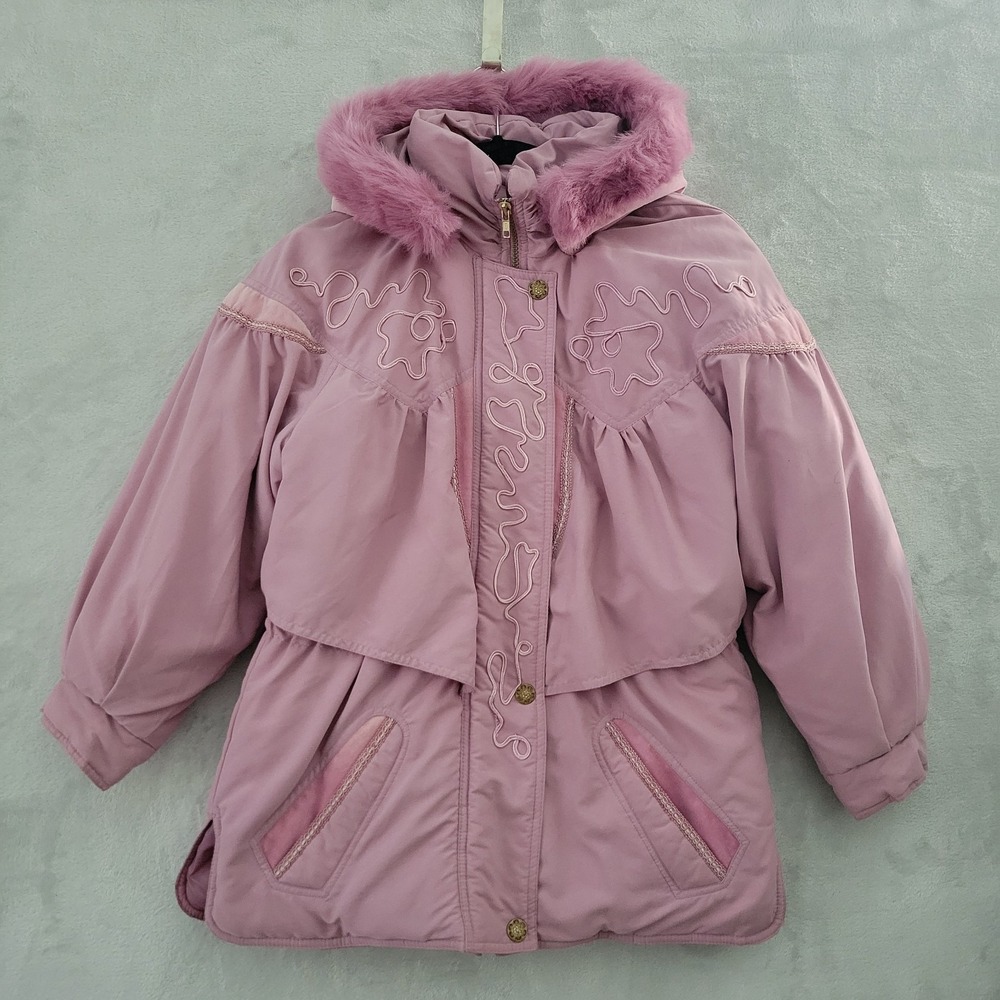 Vintage 80s Giacca Young Gallery 14 L Mauve Pink Puffy Jacket Coat Fur Hood